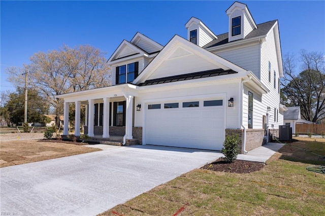 view of front of property featuring a porch, a front yard, and central air condition unit