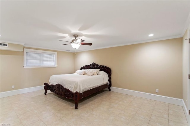 bedroom with ceiling fan and ornamental molding