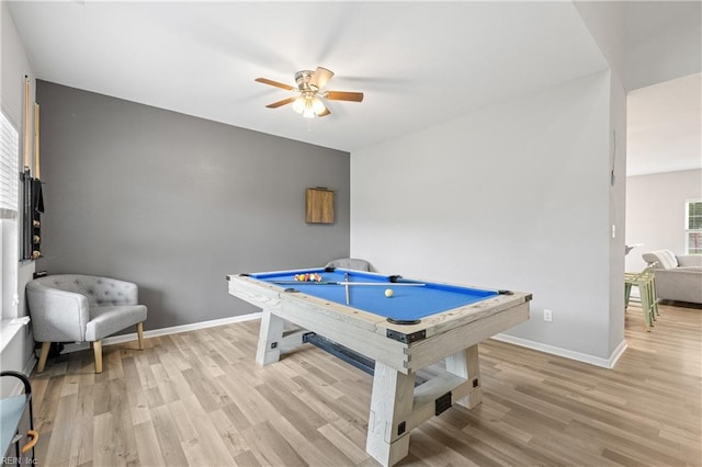 playroom featuring ceiling fan, pool table, and light wood-type flooring