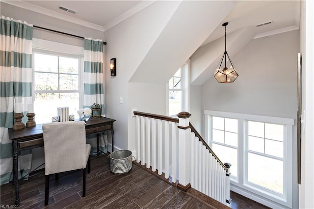 office area featuring ornamental molding and dark wood-type flooring