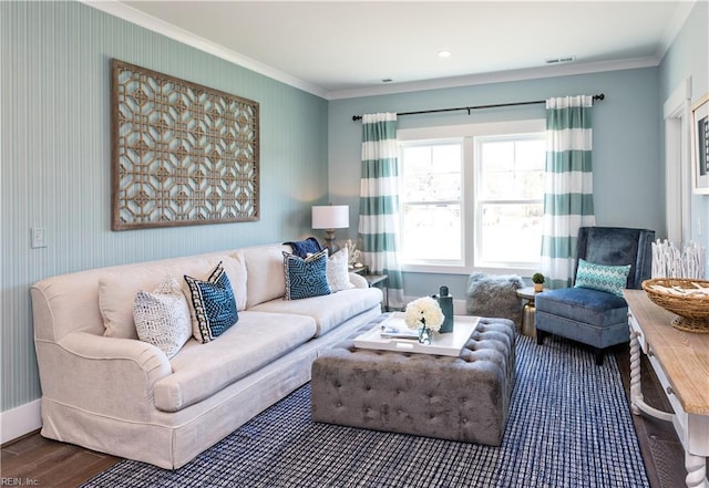 living room with crown molding and wood-type flooring