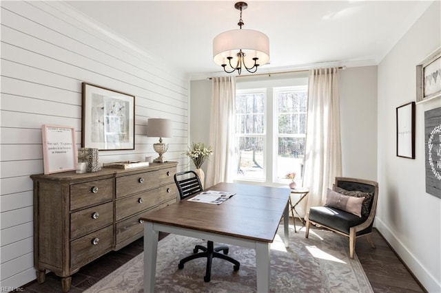 office area with ornamental molding and dark hardwood / wood-style floors