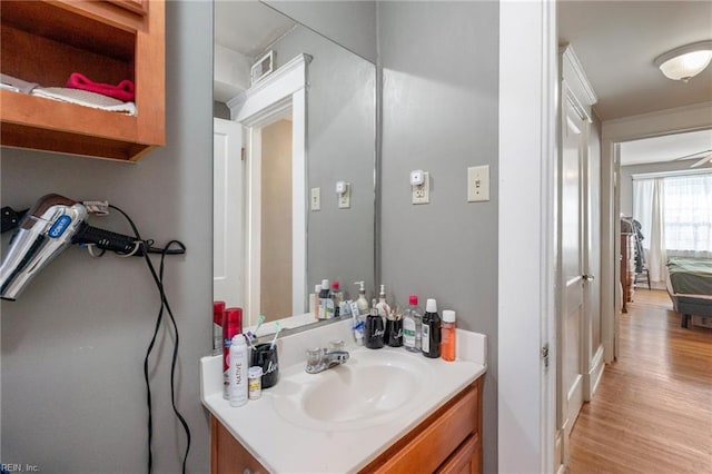 bathroom with vanity and hardwood / wood-style flooring