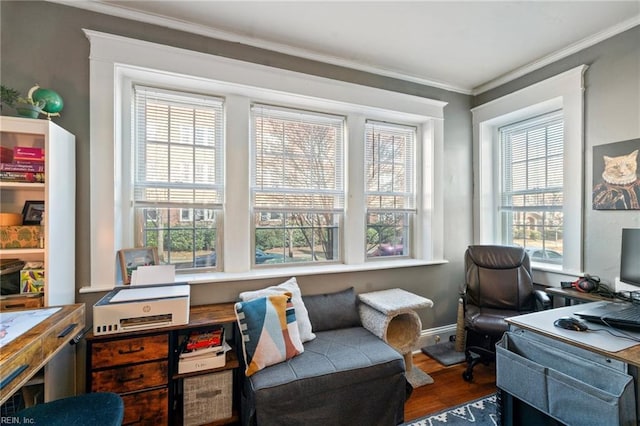 office area with crown molding and hardwood / wood-style floors