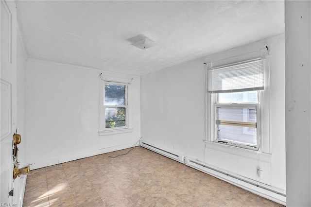 unfurnished room featuring a baseboard radiator