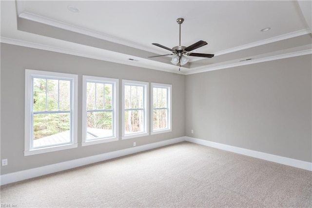 empty room with a raised ceiling, ornamental molding, carpet floors, and ceiling fan