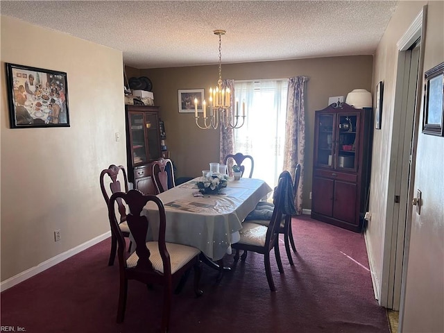 carpeted dining area with an inviting chandelier and a textured ceiling