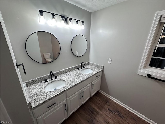 bathroom featuring vanity, hardwood / wood-style floors, and toilet