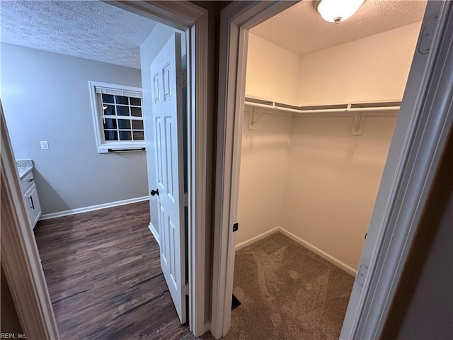 spacious closet with dark colored carpet