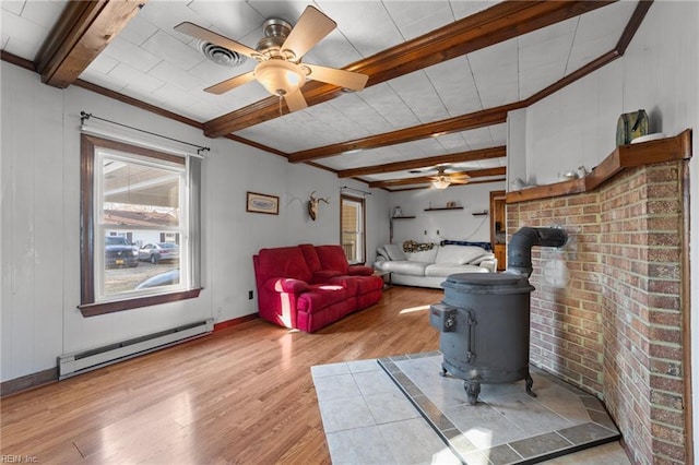 living room with a wood stove, ceiling fan, baseboard heating, light hardwood / wood-style floors, and beam ceiling