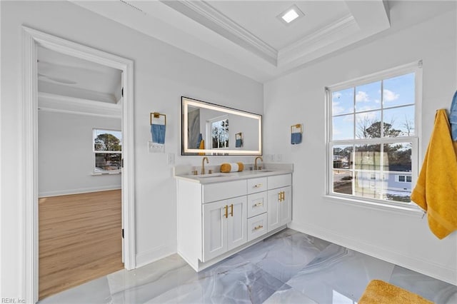 bathroom with crown molding, vanity, and a tray ceiling