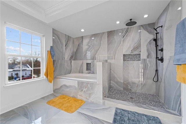 bathroom featuring independent shower and bath and crown molding