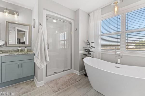 bathroom with hardwood / wood-style flooring, plus walk in shower, and vanity