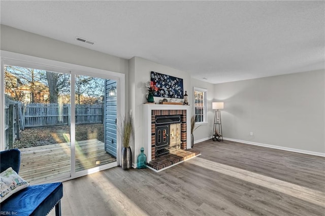 living room with hardwood / wood-style floors and a fireplace