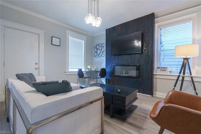 living room with crown molding, a chandelier, a fireplace, and light hardwood / wood-style floors