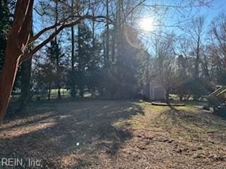 view of yard featuring a storage shed