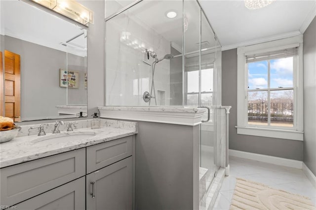 bathroom featuring walk in shower, ornamental molding, and vanity