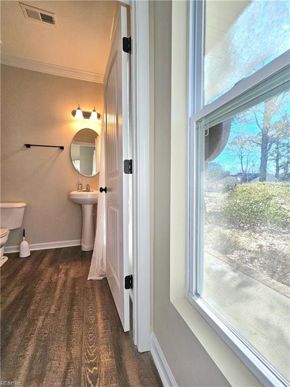 bathroom featuring hardwood / wood-style flooring, ornamental molding, a healthy amount of sunlight, and toilet