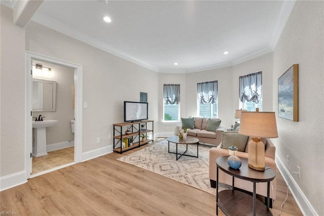 living room with crown molding, sink, and light hardwood / wood-style floors