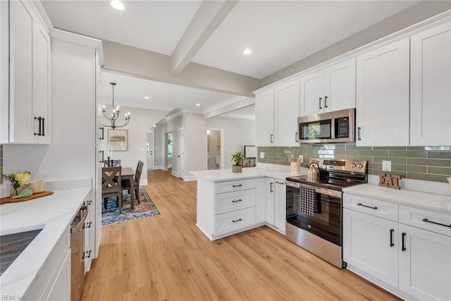 kitchen featuring light hardwood / wood-style flooring, appliances with stainless steel finishes, white cabinetry, kitchen peninsula, and beamed ceiling