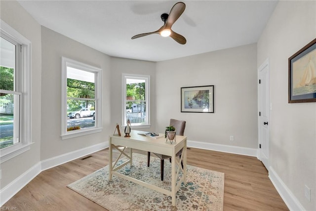 office space with ceiling fan and light hardwood / wood-style floors