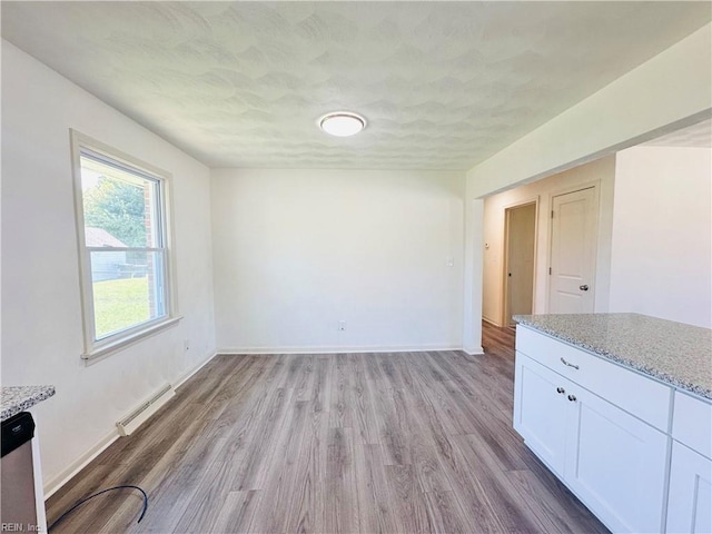 unfurnished dining area with a baseboard radiator and light hardwood / wood-style flooring