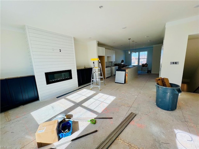 living room with a large fireplace