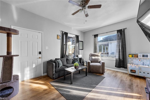 living room with hardwood / wood-style floors and ceiling fan