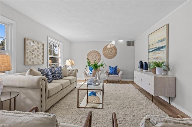 living room featuring hardwood / wood-style flooring and crown molding