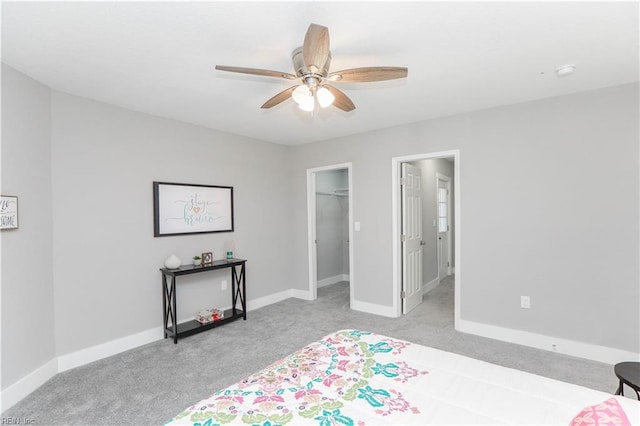 bedroom featuring ceiling fan, a spacious closet, a closet, and light carpet