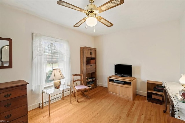 sitting room with light hardwood / wood-style flooring, ceiling fan, and baseboard heating