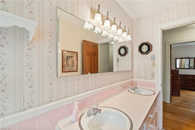 bathroom featuring hardwood / wood-style flooring and vanity