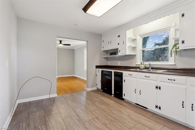 kitchen with sink, light hardwood / wood-style flooring, dishwasher, ceiling fan, and white cabinets