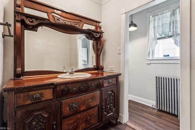 bathroom featuring vanity, radiator, and wood-type flooring