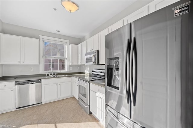 kitchen with white cabinetry, sink, pendant lighting, and appliances with stainless steel finishes