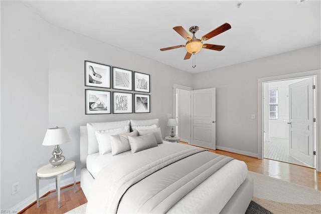 bedroom featuring ceiling fan and light hardwood / wood-style flooring