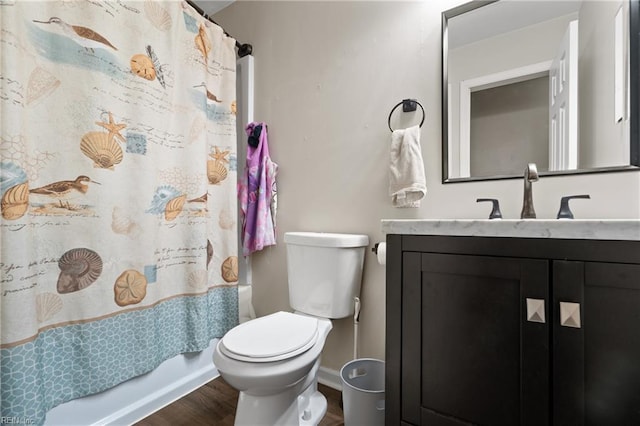 full bathroom featuring shower / bath combination with curtain, vanity, toilet, and wood-type flooring