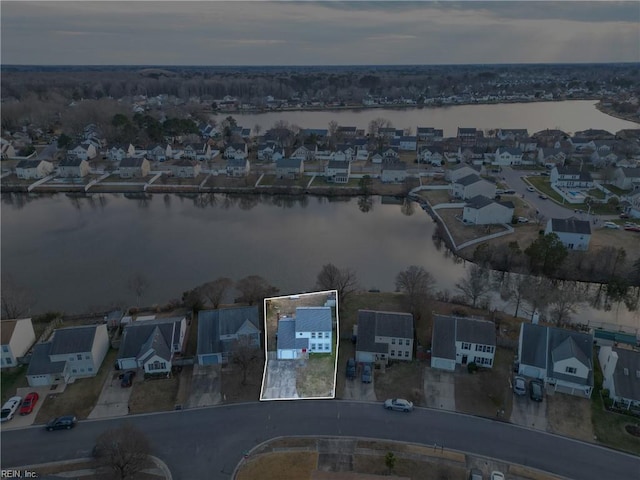 drone / aerial view featuring a water view