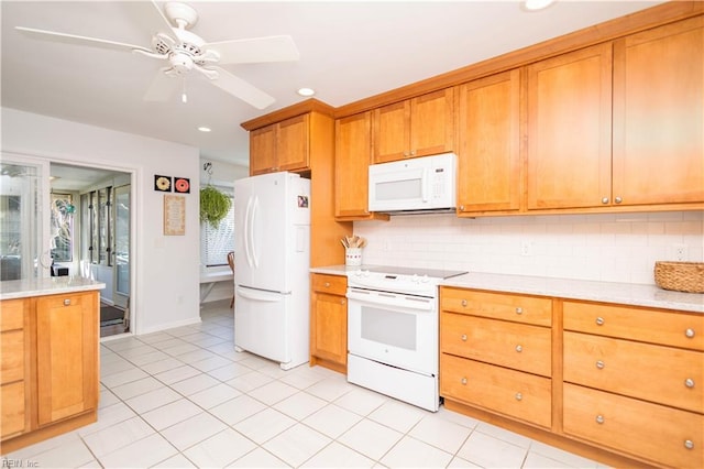 kitchen featuring backsplash, white appliances, light tile patterned floors, and ceiling fan