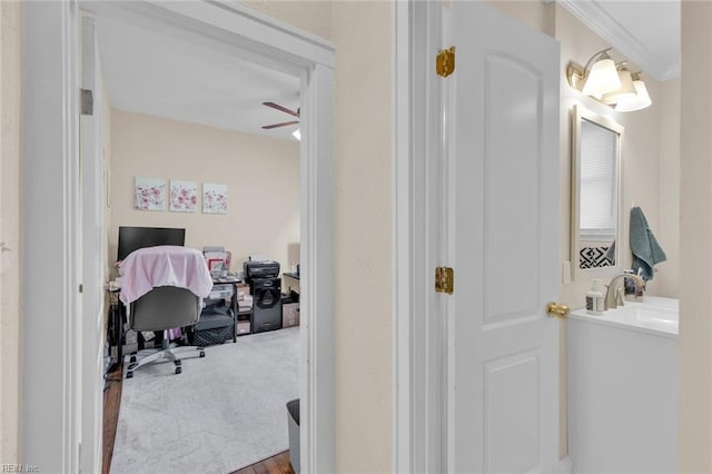 bathroom with vanity, ornamental molding, and ceiling fan