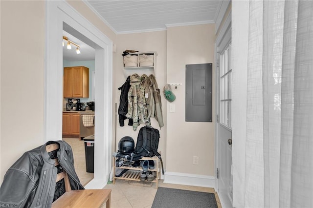 mudroom featuring crown molding, electric panel, and light tile patterned flooring