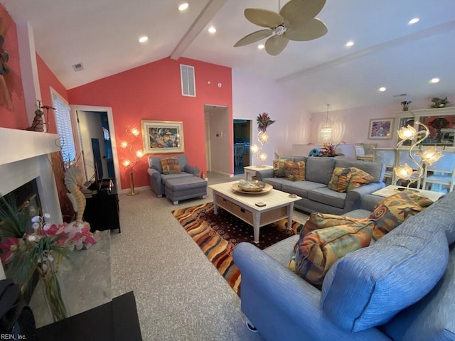 carpeted living room with beam ceiling, high vaulted ceiling, and ceiling fan