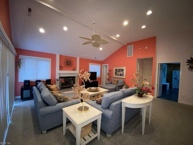 living room featuring high vaulted ceiling, ceiling fan, and dark colored carpet