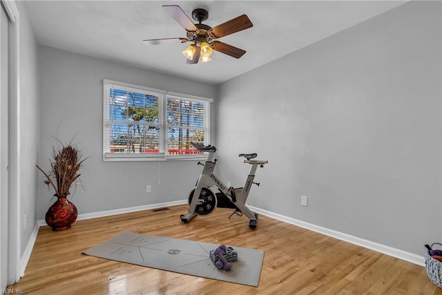 workout area featuring ceiling fan and light wood-type flooring