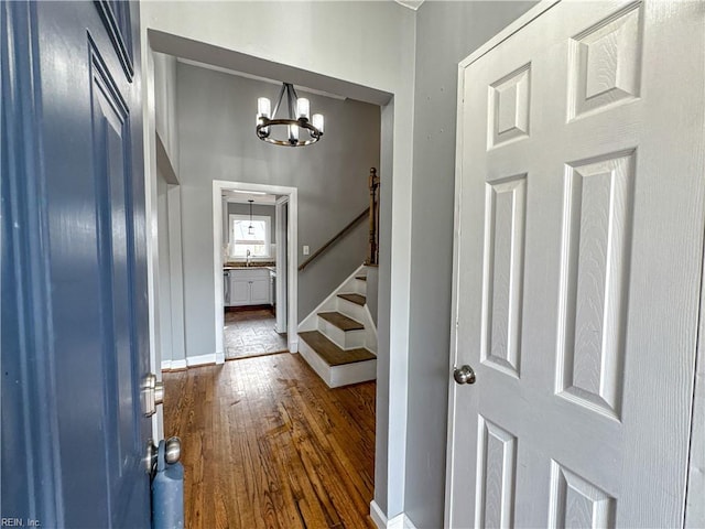 foyer entrance featuring dark wood-type flooring, a chandelier, and sink