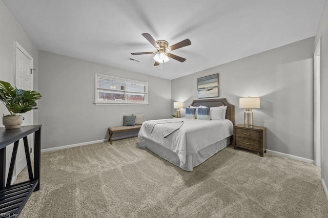 bedroom with ceiling fan and carpet