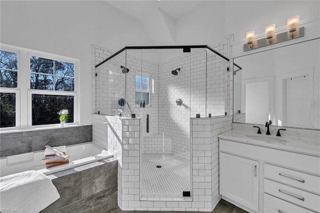 bathroom with vanity and separate shower and tub