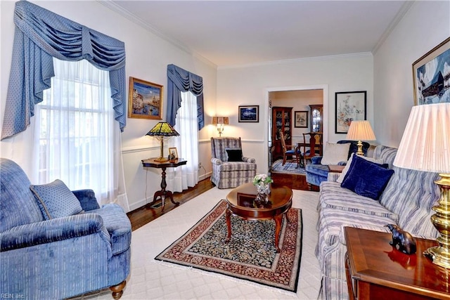 living room featuring crown molding and wood-type flooring