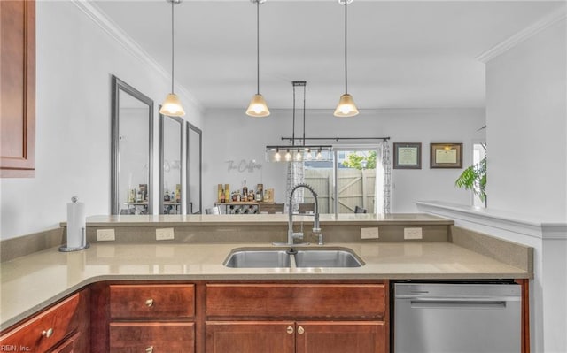 kitchen with stainless steel dishwasher, ornamental molding, sink, and hanging light fixtures