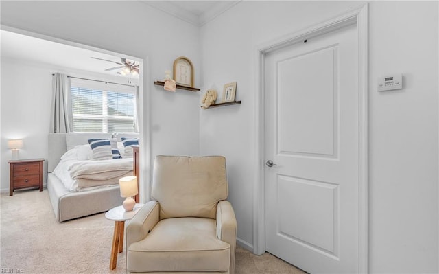 carpeted bedroom featuring crown molding